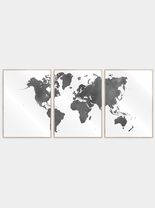 verdenskort plakater delt i 3 i watercolor