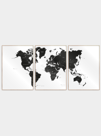 verdenskort plakater delt i 3 med lande i sort