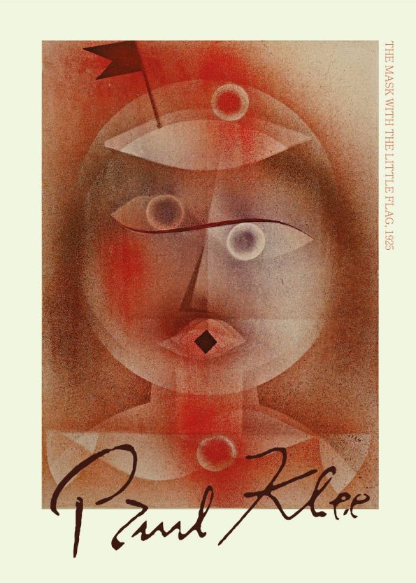 the mask with the little flag kunstværk plakat af Paul Klee. Plakaten er i de varmeste farver.