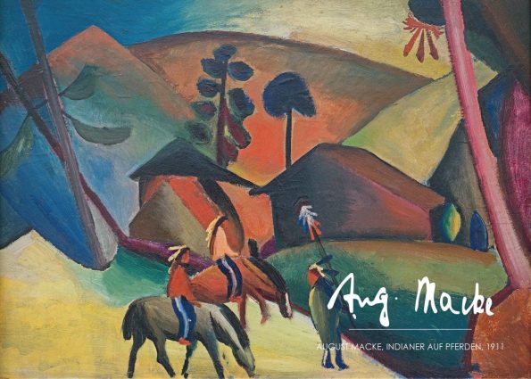 Selve maleriet er et landskabsbillede, hvor der mellem træer og bakker kan ses tre indianere som rider på hest