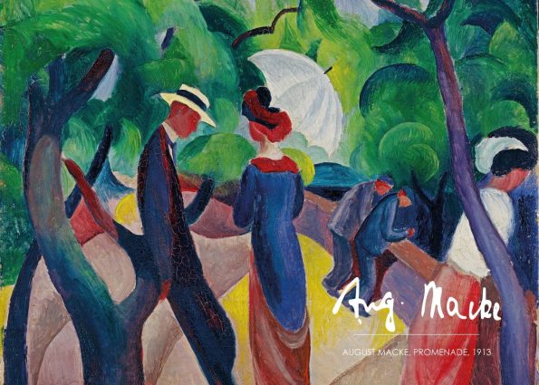 På maleriet ses en mand og en kvinde med paraply, tale sammen mellen en flok mennesker som er samlet under træerne