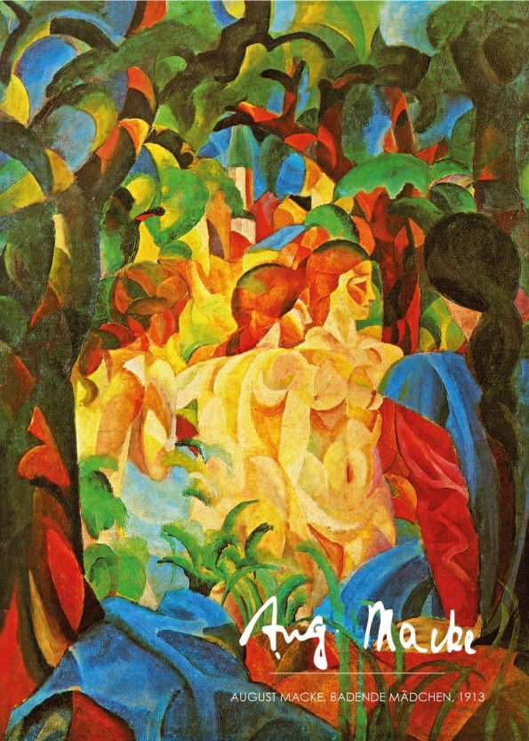 På maleriet ses flok nøgne kvinder, som omgivet af træer og grønt, bader i søen