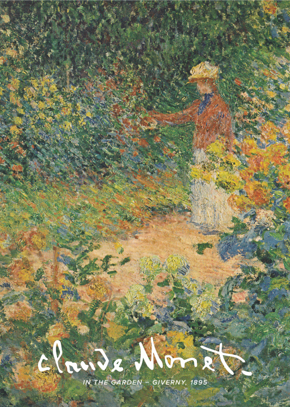 Selve maleriet forestiller Monets smukke have med mange blomster og grønt, hvor man kan se en kvinde plukke blomster.