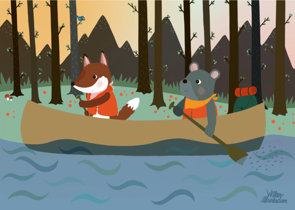 børnetegning med to dyr der sejler på en flod