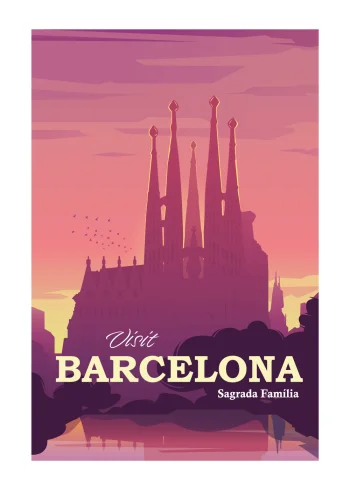 Grafisk plakat med Barcelona af den smukke og ufærdige kirke Sagrada Familia