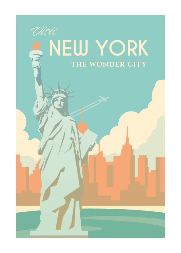 Grafisk plakat af New York, mere specifikt frihedsgudinden i de fineste blårlige og orange nuancer