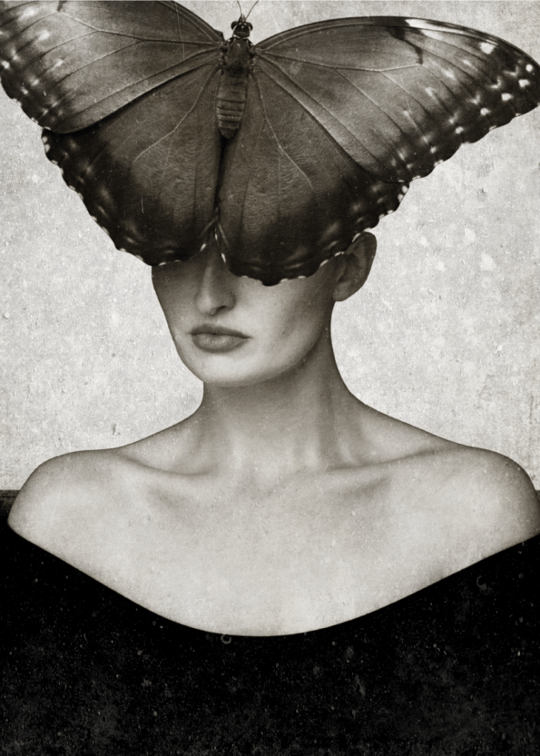 design plakat af kvinde med en sommerfugl på hovedet