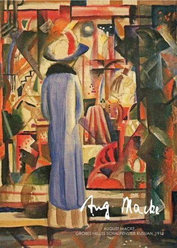På maleriet ses en kvinde i midten af billedet som står og kigger på et udstillingsvindue