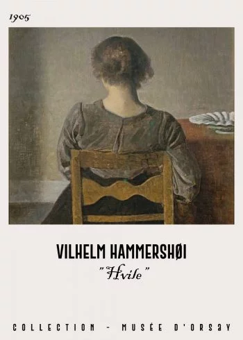 Hvile plakat af vilhelm hammershøi, fra 1905 i de fineste mørke nuancer. Her ser man en kvinde som sidder med ryggen til