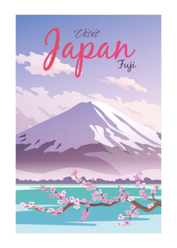 Grafisk flot og farverig plakat, hvor man kan se den velkendte bjerg Fuji og de ikoniske lyserøde kirsebærtræ