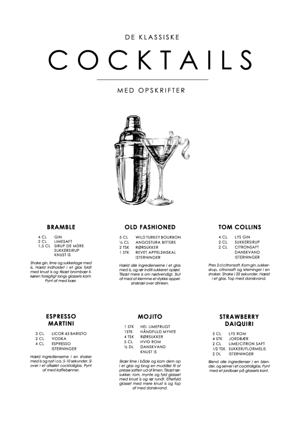 cocktail plakat med de klassiske i retro
