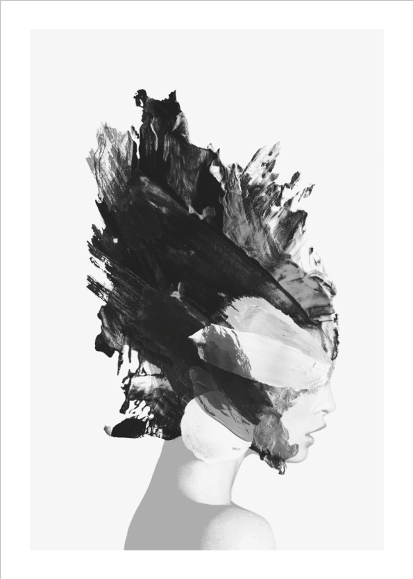 kunstplakat af kvinde med maling i hovedet