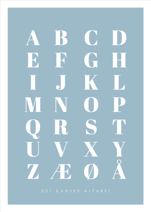 abc plakater med det danske alfabet i blå