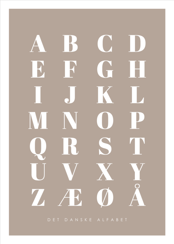 abc plakater med det danske alfabet i brun
