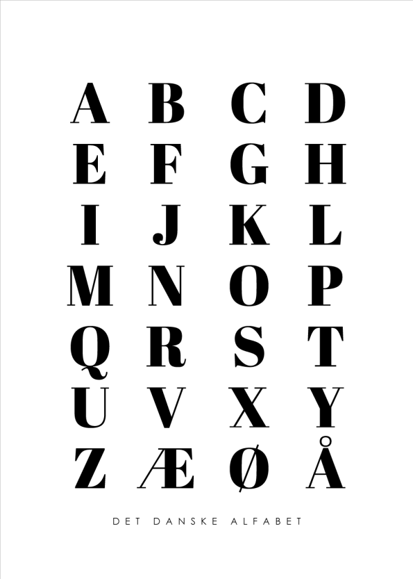 abc plakater med det danske alfabet i hvid