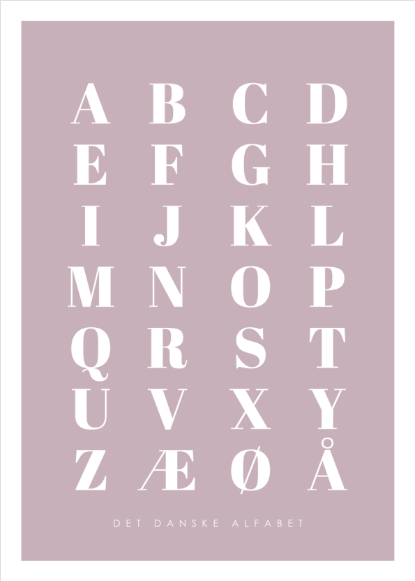 abc plakater med det danske alfabet i lyserød