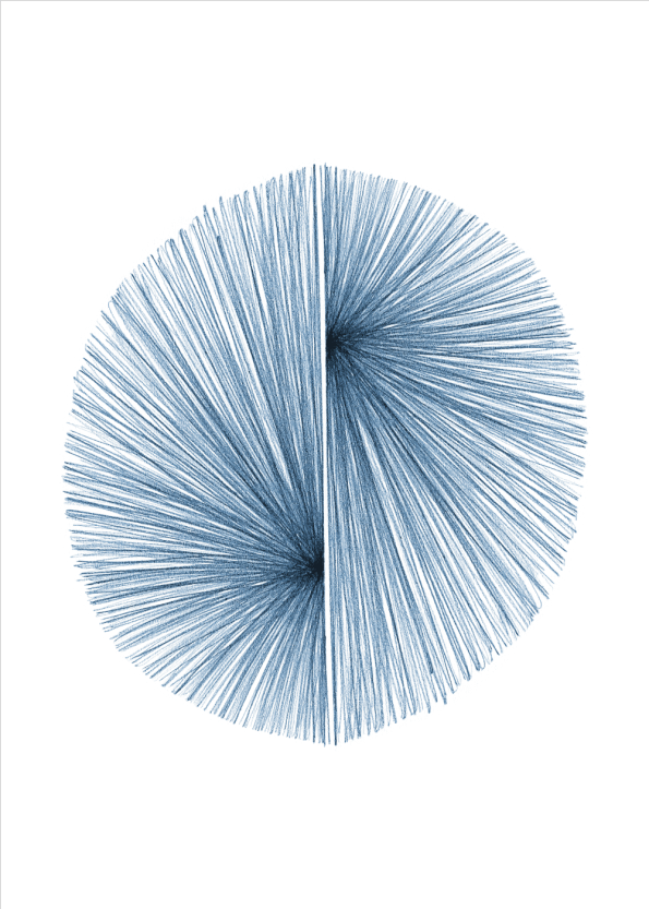 kunstplakat af streger der former sig til en rund form i blå farve