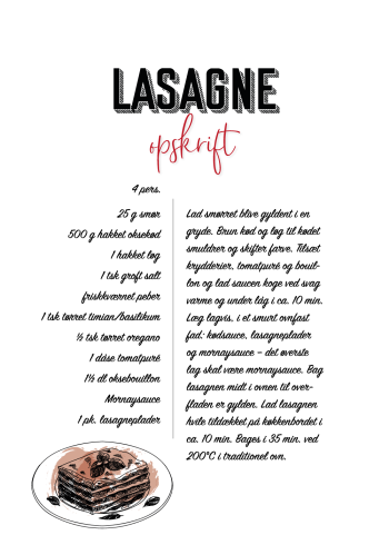 mad plakater med opskrift på lasagne