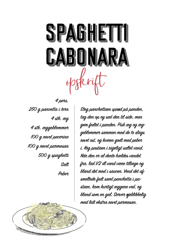 mad plakater med opskrift på cabonara