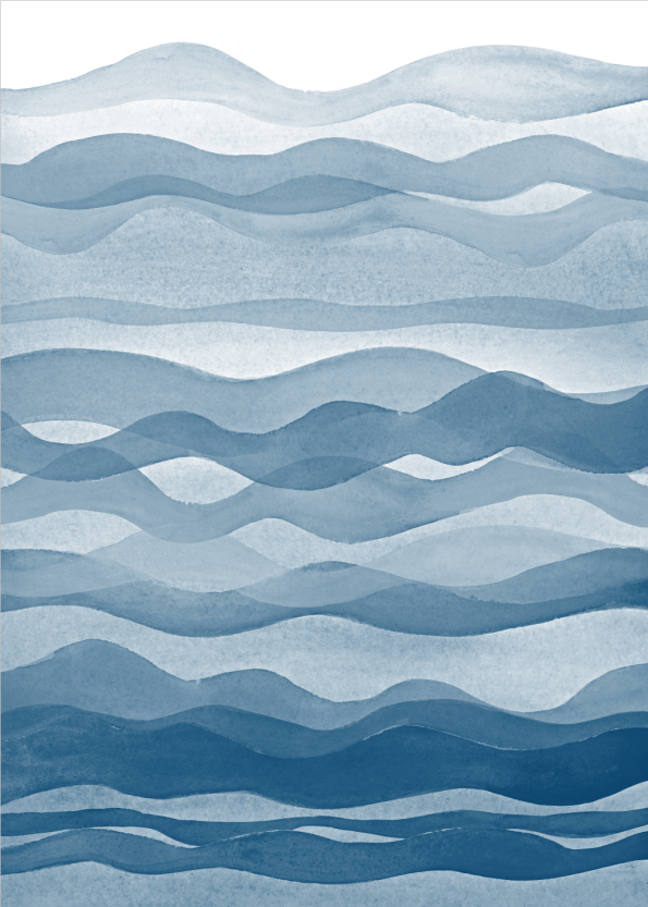 kunst plakat af malede blå bølger og hav i vandfarver