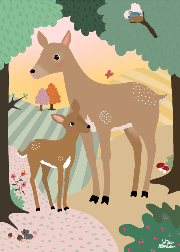 Plakat med tegning af bambi og mor i skoven BP10035