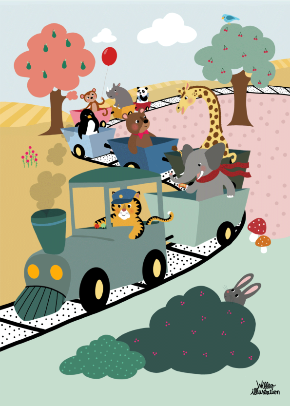 børneplakat med eventyr toget og skovens dyr