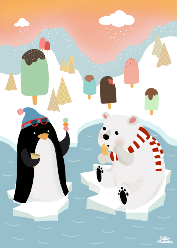 børneplakat med dyr på nordpolen der spiser is