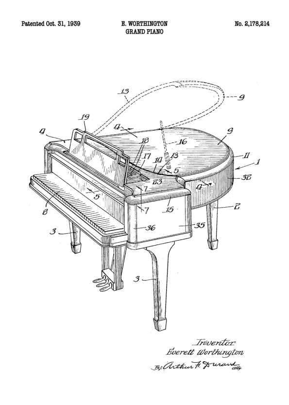plakater med patent tegning af flygel gave til pianisten
