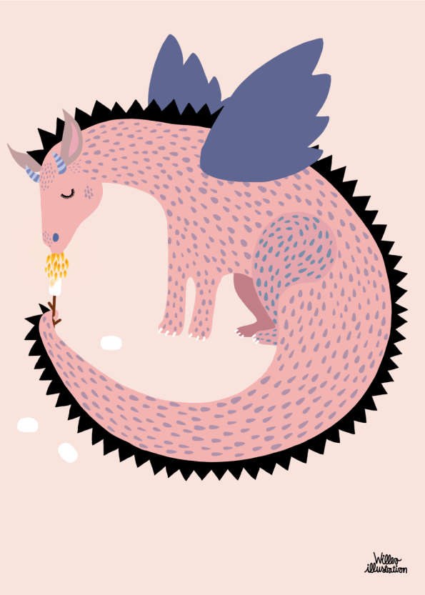 lyserød plakat med en drager der spiser skumfiduser