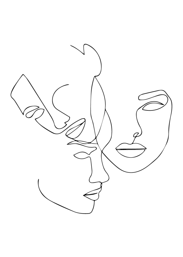 kunstplakat af tre ansigter i one line drawing art