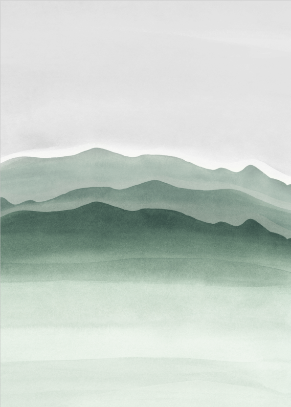 kunstplakat af bjerge og landskab malet med grøn vandfarve