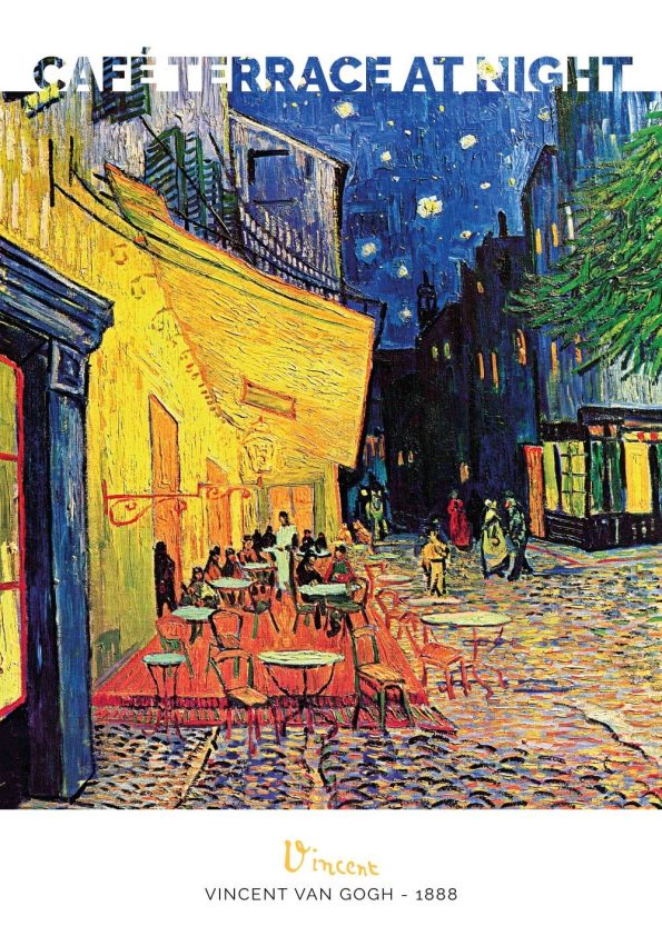 Maleriet forestiller en en nærmest lysende og levende caféterasse på en smuk og stjernerig aften