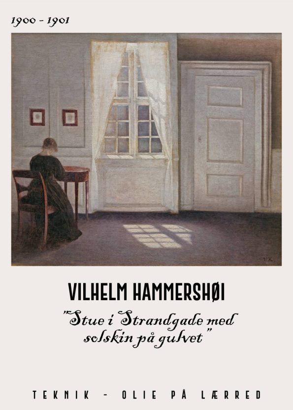 Stue i strandgade med solskin på gulvet af Vilhelm Hammershøi fra 1900-1901. Her ser man en kvinde siddende med ryggen til og hovedet foroverbøjet.