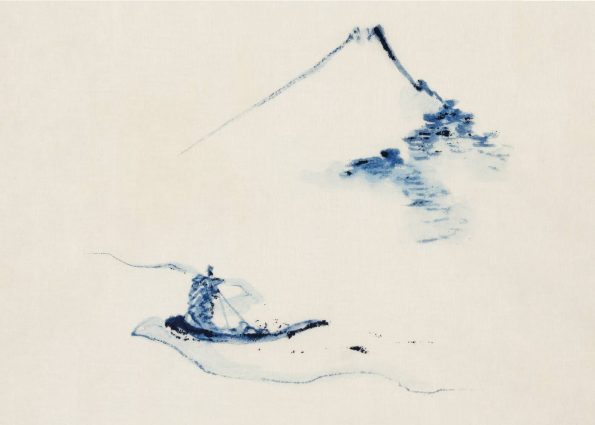 en lille baad ved mount fuji i blaa og hvide farver japansk kunst