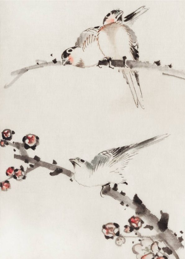 På denne plakat ses tre fugle sidde på grene med blomster. Billedet er udført i akvarel med smukke afdæmpede farver