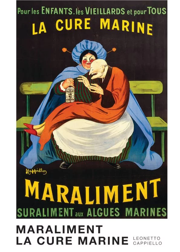 Leonetto Cappiello maraliment la cure marine - farverig plakat. Mand siddende ovenpå kvinde på en bænk.