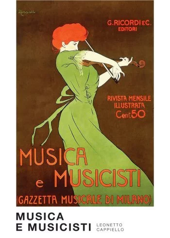 Kunstnerisk plakat med værket musica e musicisti, kvinde iført grøn kjole som står og spiller på violin