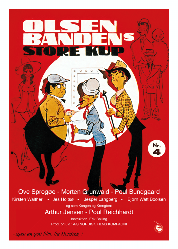 Plakat af Olsen bandens store kup, med Egon Olsen, Benny og Kjeld i de fineste rødelige farver