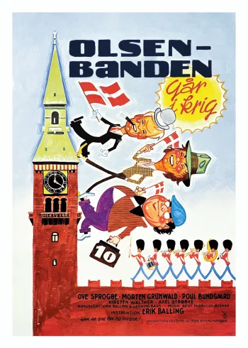 Olsen banden går i krig plakat, med Egon Olsen, Benny og Kjeld