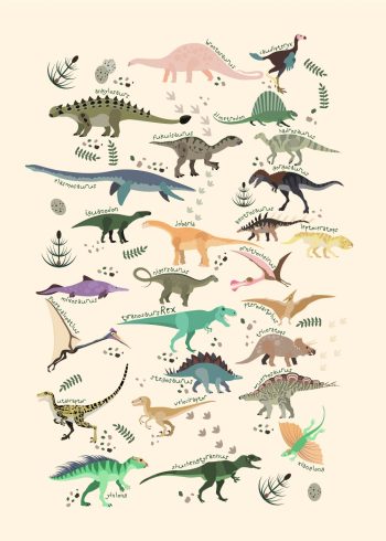 dinosaurer i forskellige farver med navne og rå hvid baggrund