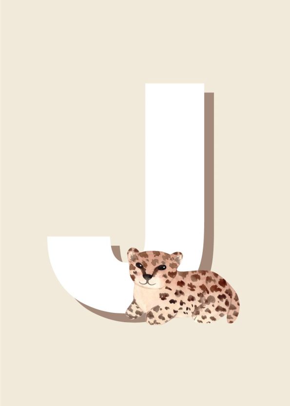 hvidt j, jaguar i leopard farver, beige baggrund