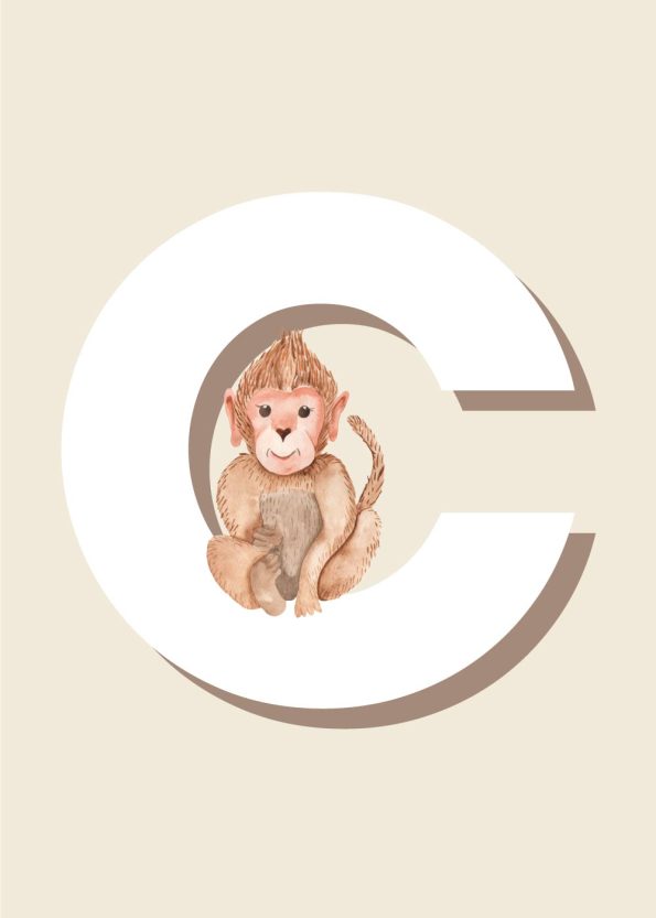 hvidt c med chimpanse og beige baggrund