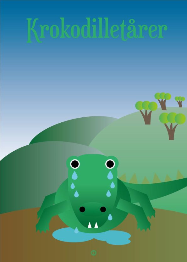 grøn krokodille med blå himmel og skov i baggrunden