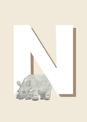 gråt næsehorn, hvidt n og beige baggrund