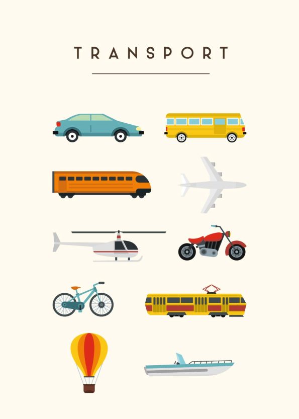 bil, bus, lastbil, bus, fly, tog, motercykel, luftballon, skib med råhvid baggrund