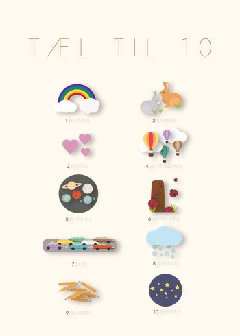 regnbue, kaniner, hjerter, luftballoner, planeter, biler, sky med regn, stjerne og rå hvid baggrund