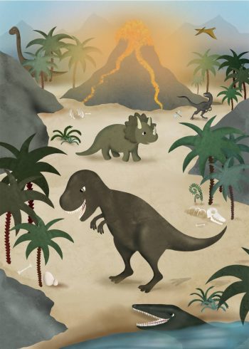 dinosaurer, træer og en vulkan i udbrud