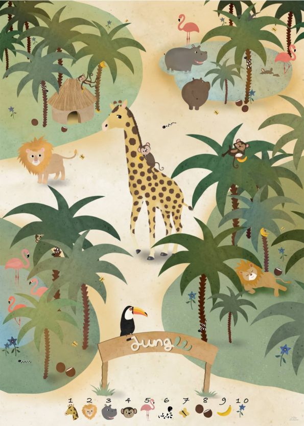 forskellige dyr i junglen og 10 søde illustrationer