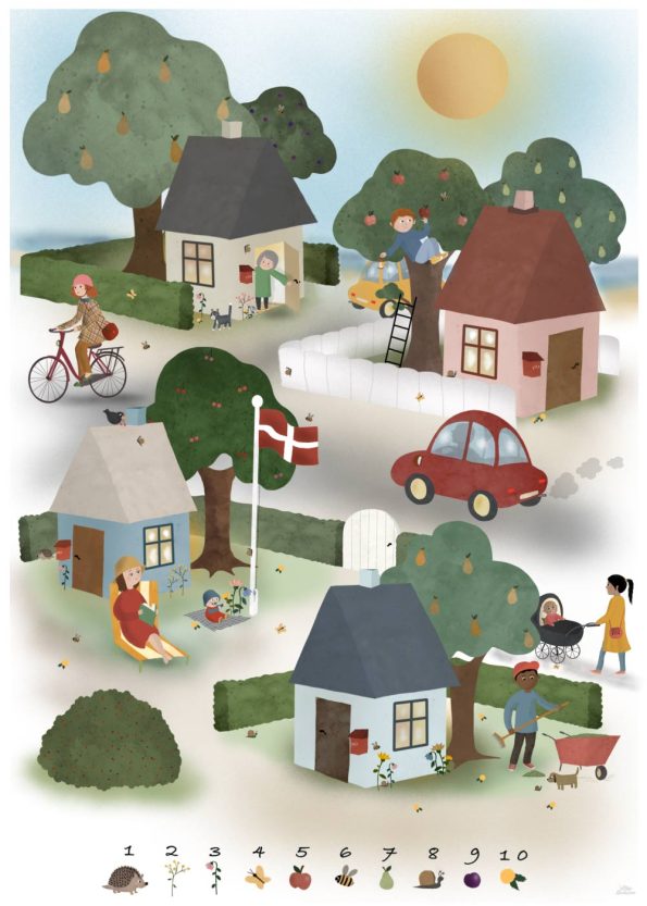 en lille by med fire huse og 10 søde illustrationer