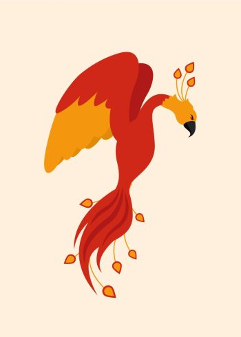 orange og rød fugl på lys orange baggrund